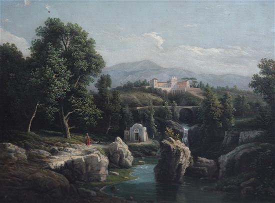 Manner of Gaspard Dughet Landscapes with figures and classical buildings, 15 x 20in.
